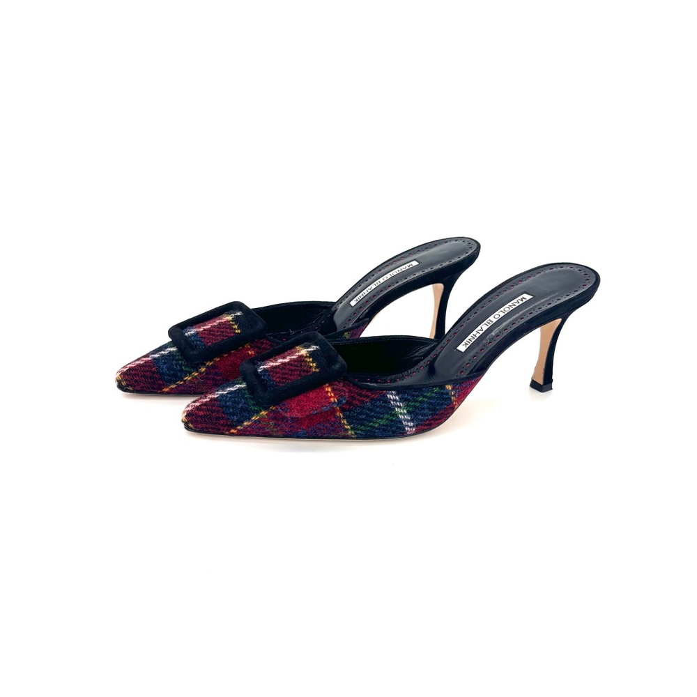 Manolo Blahnik Maysale Plaid Tweed Slip On Kitten Heel Mules 39.5